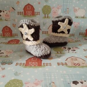 Handmade Crochet Baby Boy Blue Cowboy Booties 0-3 Months